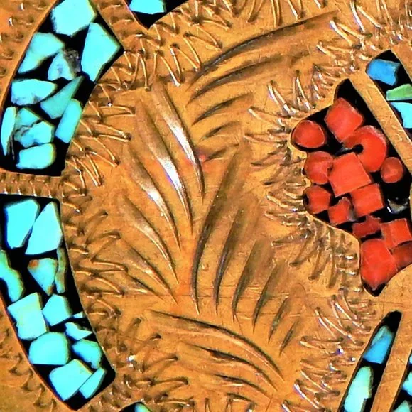 Artisan Crafted Turquoise & Coral Chip Inlay Native Chief Belt Buckle - Picture 5 of 9